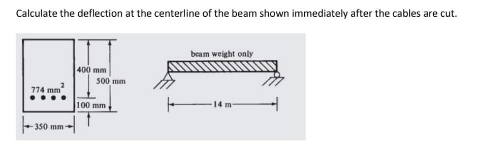 Calculate the deflection at the centerline of the beam shown immediately after the cables are cut.
beam weight only
400 mm
500 mm
774 mm
14 m-
100 mm
350 mm
