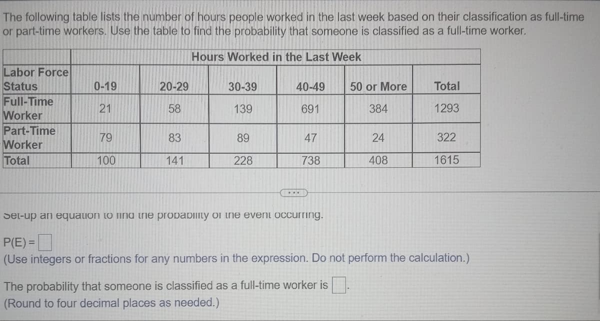 The following table lists the number of hours people worked in the last week based on their classification as full-time
or part-time workers. Use the table to find the probability that someone is classified as a full-time worker.
Hours Worked in the Last Week
Labor Force
Status
Full-Time
Worker
Part-Time
Worker
Total
0-19
21
79
100
20-29
58
83
141
30-39
139
89
228
40-49
691
...
47
738
50 or More
384
The probability that someone is classified as a full-time worker is
(Round to four decimal places as needed.)
24
408
Total
1293
322
1615
set-up an equation to find the probability of the event occurring.
P(E)=
(Use integers or fractions for any numbers in the expression. Do not perform the calculation.)