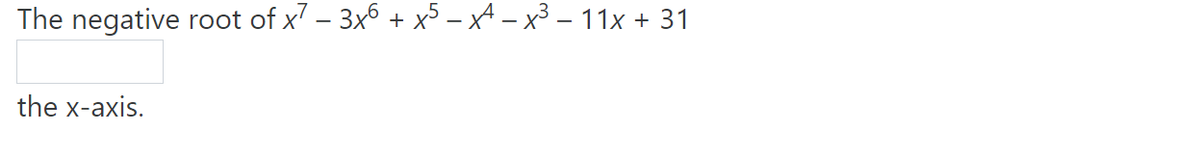 The negative root of x7 – 3x6 + xs – xA – x³ – 11x
+ 31
the x-axis.
