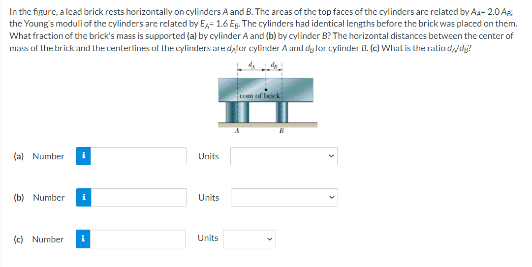 In the figure, a lead brick rests horizontally on cylinders A and B. The areas of the top faces of the cylinders are related by AA= 2.0 AB;
the Young's moduli of the cylinders are related by EA= 1.6 Eg. The cylinders had identical lengths before the brick was placed on them.
What fraction of the brick's mass is supported (a) by cylinder A and (b) by cylinder B? The horizontal distances between the center of
mass of the brick and the centerlines of the cylinders are dafor cylinder A and dg for cylinder B. (c) What is the ratio da/dg?
da
com of brick
A
(a) Number
i
Units
(b) Number
i
Units
(c) Number
Units
