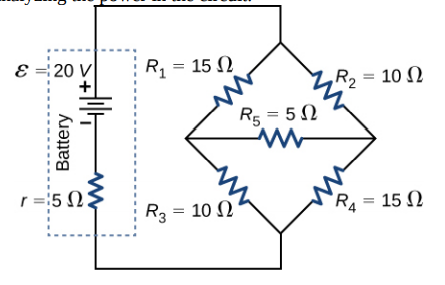 E ='20 V
R = 15 N
,R2 = 10 N
R5 = 5N
r =:5 N
R3 = 10 N
R4 = 15 N
Battery
