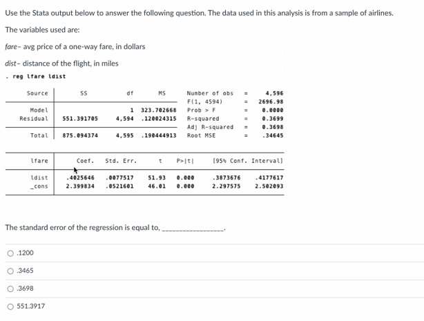 Use the Stata output below to answer the following question. The data used in this analysis is from a sample of airlines.
The variables used are:
fare-avg price of a one-way fare, in dollars
dist-distance of the flight, in miles
.reg fare ldist
Source
Model
Residual
Total
lfare
ldist
_cons
O.1200
O.3465
O.3698
SS
551.3917
551.391705
875.094374
df
MS
1 323.702668
4,594 .120024315
4,595 .190444913
Coef. Std. Err.
The standard error of the regression is equal to,
Number of obs =
F(1, 4594)
Prob > F
=
R-squared
Adj R-squared
Root MSE
t P>|t|
.4025646 .0077517
51.93 0.000
2.399834 .0521601 46.01 0.000
4,596
2696.98
.3873676
2.297575
0.0000
0.3699
0.3698
.34645
[95% Conf. Intervall
.4177617
2.502093