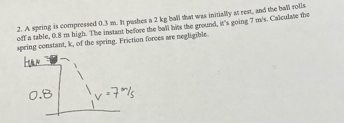 2. A spring is compressed 0.3 m. It pushes a 2 kg ball that was initially at rest, and the ball rolls
off a table, 0.8 m high. The instant before the ball hits the ground, it's going 7 m/s. Calculate the
spring constant, k, of the spring. Friction forces are negligible.
0.8
