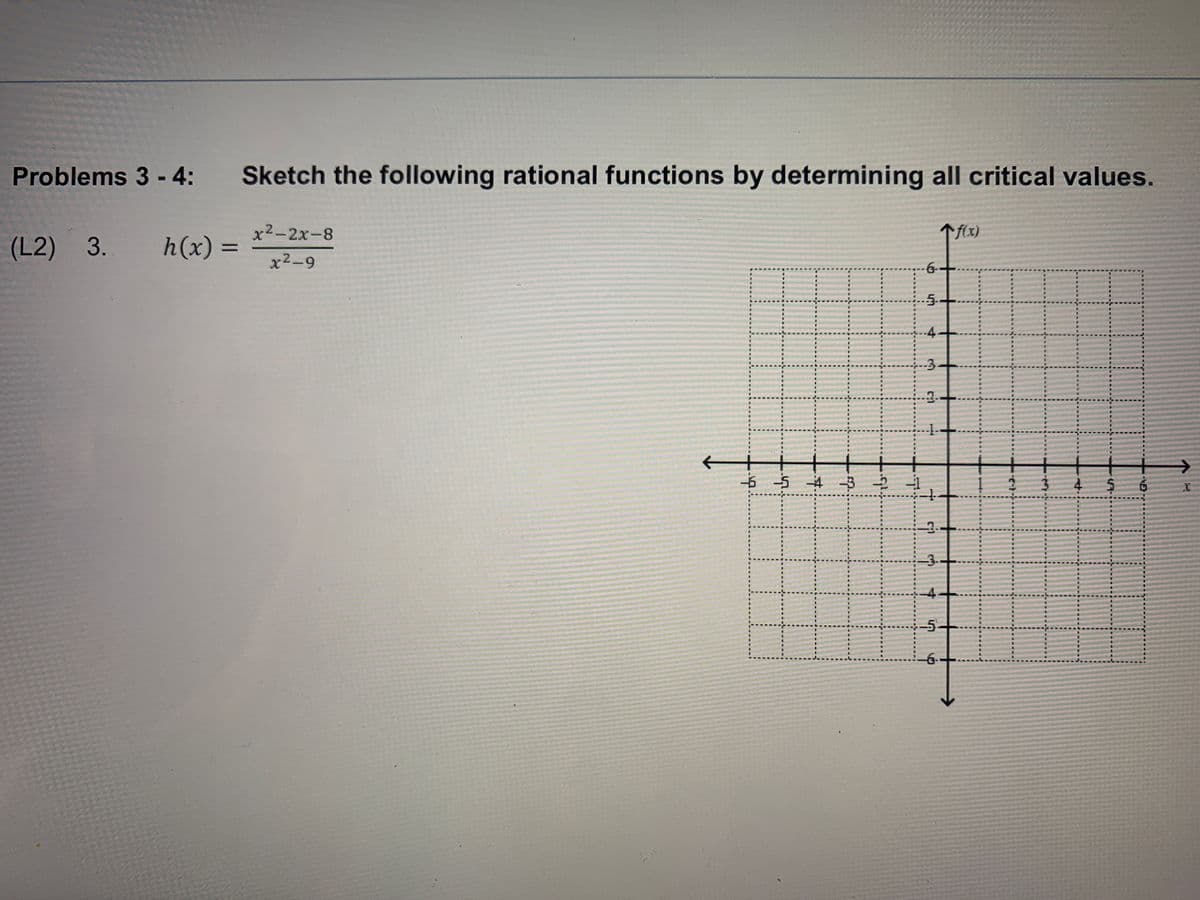 Problems 3 - 4:
Sketch the following rational functions by determining all critical values.
%3D
x2-2x-8
个f)
(L2) 3.
h(x) =
%3D
x2-9
5.
-4.
-3
-2-
书5-43 2
-3.
4.
-5
-6-
6,
