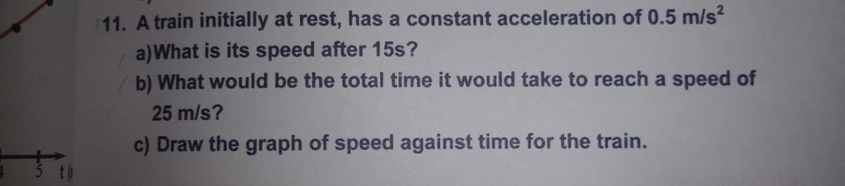 11. A train initially at rest, has a constant acceleration of 0.5 m/s?
a)What is its speed after 15s?
b) What would be the total time it would take to reach a speed of
25 m/s?
c) Draw the graph of speed against time for the train.
