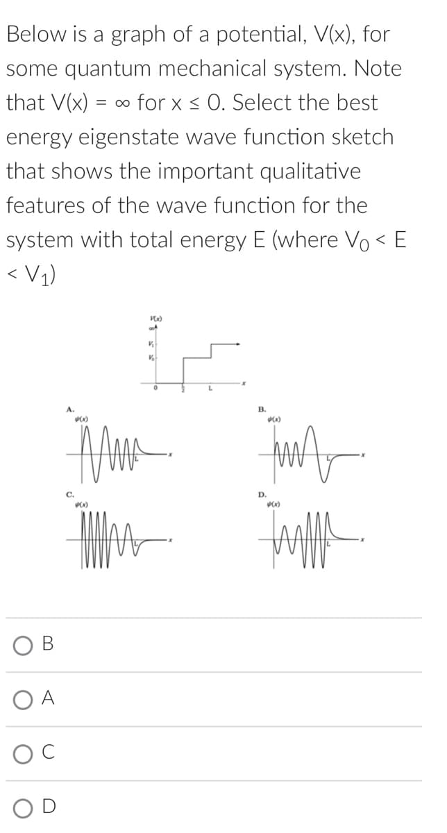 Below is a graph of a potential, V(x), for
some quantum mechanical system. Note
that V(x) = ∞ for x ≤ 0. Select the best
energy eigenstate wave function sketch
that shows the important qualitative
features of the wave function for the
system with total energy E (where V₁ < E
<V₁1)
A
4(x)
MAL
C.
4(x)
K(x)
00%
V₁
V
B.
$(x)
D.
*(x)
Ar