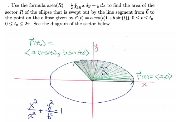 Use the formula area(R) = } far e dy – y dx to find the area of the
sector R of the ellipse that is swept out by the line segment from ở to
the point on the ellipse given by 7(t) = a cos(t)i+ b sin(t)j, 0 < t < to,
0< to < 27. See the diagram of the sector below.
Tit) =
<a cos(t), bsin fta>
R
Tro)=<a,07
