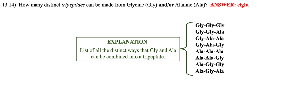 13.14) How many distinct tripeptides can be made from Glycine (Gly) and/or Alanine (Ala)? ANSWER: eight
EXPLANATION:
List of all the distinct ways that Gly and Ala
can be combined into a tripeptide.
Gly-Gly-Gly
Gly-Gly-Ala
Gly-Ala-Ala
Gly-Ala-Gly
Ala-Ala-Ala
Ala-Ala-Gly
Ala-Gly-Gly
Ala-Gly-Ala