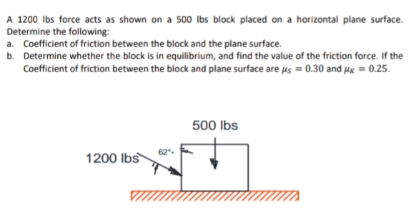 A 1200 Ibs force acts as shown on a 500 lbs block placed on a horizontal plane surface.
Determine the following:
a. Coefficient of friction between the block and the plane surface.
b. Determine whether the block is in equilibrium, and find the value of the friction force. If the
Coefficient of friction between the block and plane surface are µs = 0.30 and µx = 0.25.
500 Ibs
1200 Ibs
