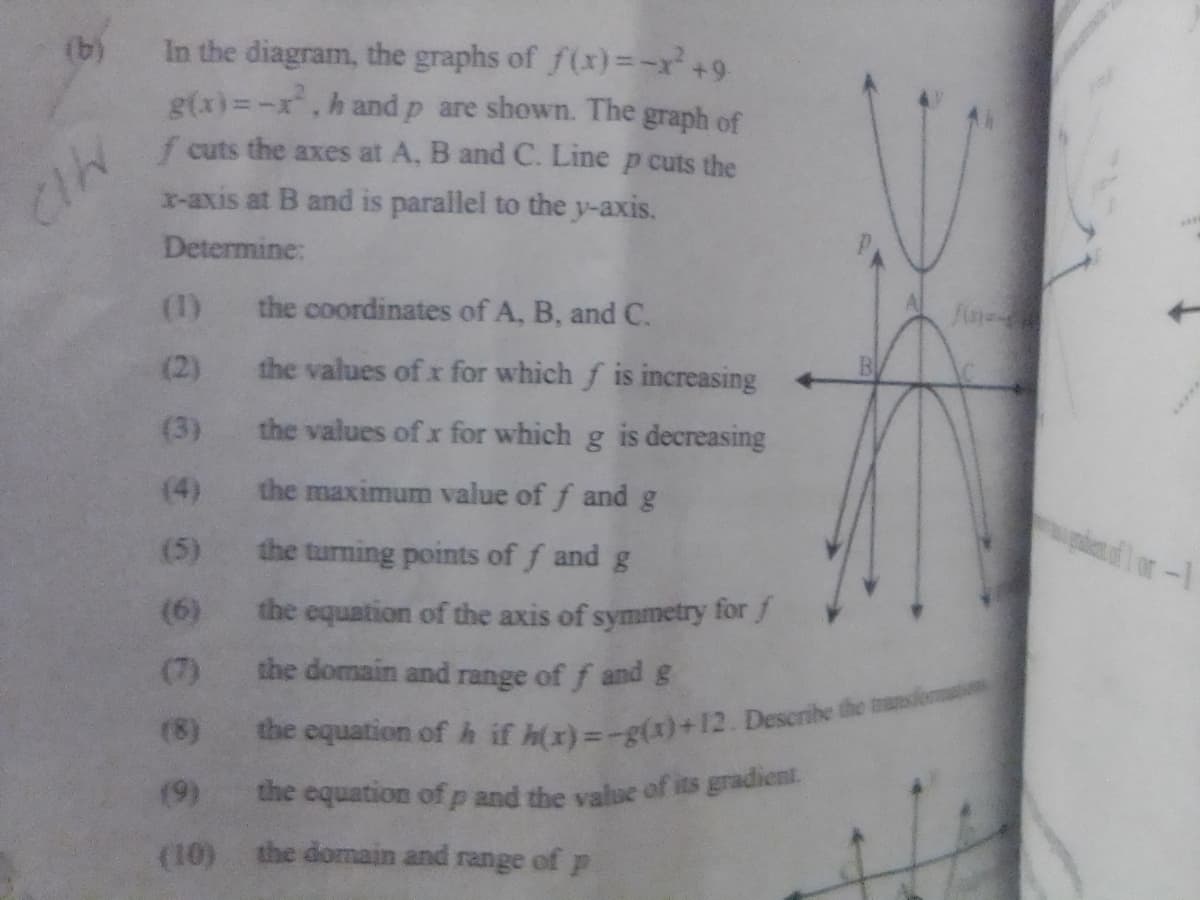 the equation of h if h(x)=-g(x)+12. Describe the tran
In the diagram, the graphs of f(x)=-x'+9
g(x)=-x, h and p are shown. The graph of
(b)
f cuts the axes at A, B and C. Line p cuts the
CIN
x-axis at B and is parallel to the y-axis.
Determine:
(1)
the coordinates of A, B, and C.
(2)
the values of x for which f is increasing
(3)
the values of x for which g is decreasing
(4) the maximum value off and g
the turning points of f and g
p of l or-1
(5)
(6)
the equation of the axis of symmetry for /
(7)
the domain and range of f and g
(8)
(9)
the equation ofp and the value d
of its gradient.
(10) the domain and range of p
