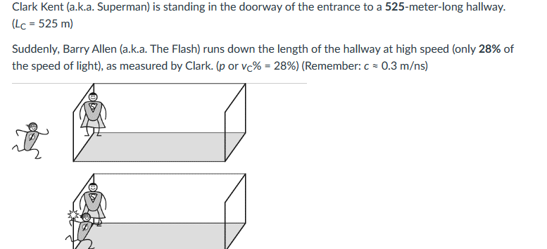 Clark Kent (a.k.a. Superman) is standing in the doorway of the entrance to a 525-meter-long hallway.
(Lc = 525 m)
Suddenly, Barry Allen (a.k.a. The Flash) runs down the length of the hallway at high speed (only 28% of
the speed of light), as measured by Clark. (p or vc% = 28%) (Remember: c = 0.3 m/ns)
