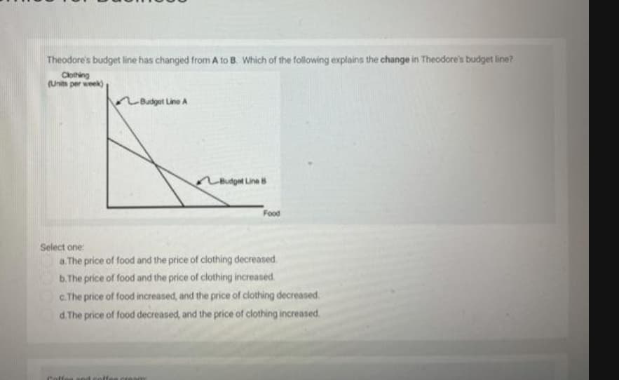 Theodore's budget line has changed from A to B. Which of the following explains the change in Theodore's budget line?
Clothing
(Units per week)
nBudget Line A
Budgnt Lina B
Food
Select one:
a. The price of food and the price of clothing decreased.
b.The price of food and the price of clothing increased.
c. The price of food increased, and the price of clothing decreased.
d. The price of food decreased, and the price of clothing increased.
