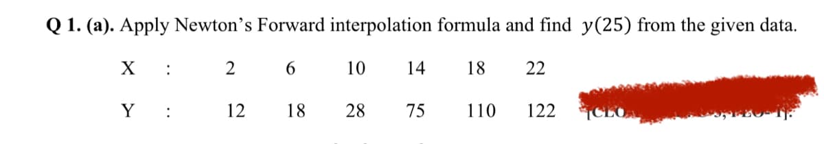 Q 1. (a). Apply Newton's Forward interpolation formula and find y(25) from the given data.
X
:
2
6
10
14
18
22
Y
:
12
18
28
75
110
122
