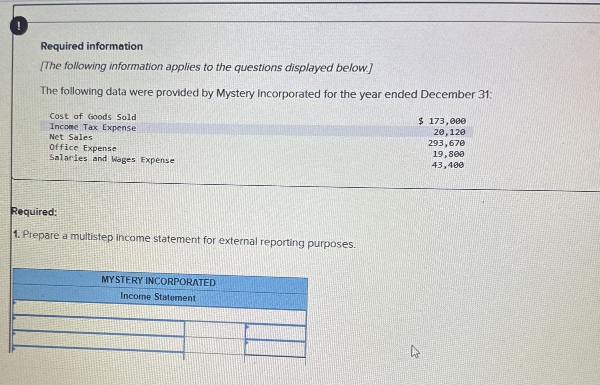 Required information
[The following information applies to the questions displayed below.]
The following data were provided by Mystery Incorporated for the year ended December 31:
Cost of Goods Sold
Income Tax Expense
Net Sales
Office Expense
Salaries and Wages Expense
$ 173,000
20,120
293,670
19,800
43,400
Required:
1. Prepare a multistep income statement for external reporting purposes.
MYSTERY INCORPORATED
Income Statement