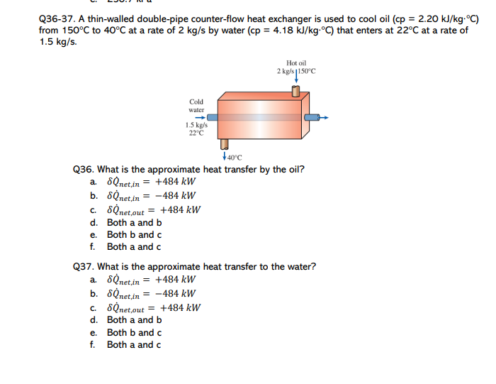 Q36-37. A thin-walled double-pipe counter-flow heat exchanger is used to cool oil (cp = 2.20 kJ/kg-°C)
from 150°C to 40°C at a rate of 2 kg/s by water (cp = 4.18 kJ/kg-°C) that enters at 22°C at a rate of
1.5 kg/s.
Hot oil
Cold
water
1.5 kg/s
22°C
F40°C
Q36. What is the approximate heat transfer by the oil?
a. 8Qnet,in = +484 kW
b. 80netin = -484 kW
c. 8ộnet.out = +484 kW
d. Both a and b
e. Both b and c
f. Both a and c
Q37. What is the approximate heat transfer to the water?
a. SQnet,in = +484 kW
b. 8Qnetin = -484 kW
c. 8Qnet,out
= +484 kW
d. Both a and b
e. Both b and c
f. Both a and c
