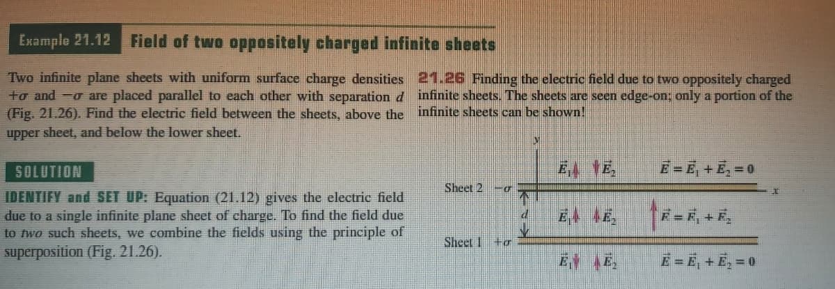 Example 21.12
Field of two oppositely charged infinite sheets
Two infinite plane sheets with uniform surface charge densities 21.26 Finding the electric field due to two oppositely charged
to and -o are placed parallel to each other with separation d infinite sheets. The sheets are seen edge-on; only a portion of the
(Fig. 21.26). Find the electric field between the sheets, above the infinite sheets can be shown!
upper sheet, and below the lower sheet.
SOLUTION
E-
E = E,+E, = 0
Sheet 2
IDENTIFY and SET UP: Equation (21.12) gives the electric field
due to a single infinite plane sheet of charge. To find the field due
to two such sheets, we combine the fields using the principle of
superposition (Fig. 21.26).
Sheet 1
E = E, + E, = 0
