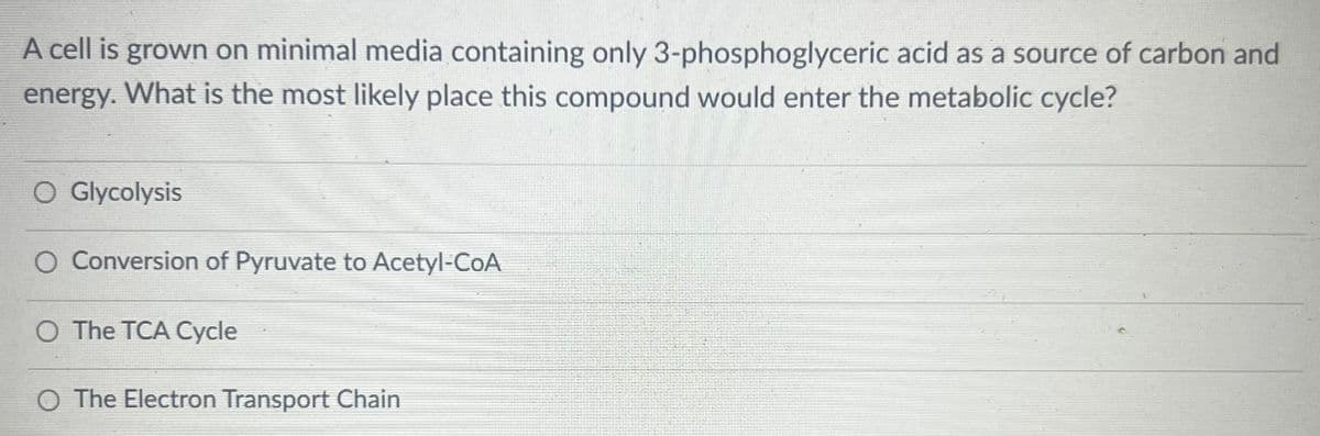 A cell is grown on minimal media containing only 3-phosphoglyceric acid as a source of carbon and
energy. What is the most likely place this compound would enter the metabolic cycle?
O Glycolysis
O Conversion of Pyruvate to Acetyl-CoA
O The TCA Cycle
The Electron Transport Chain