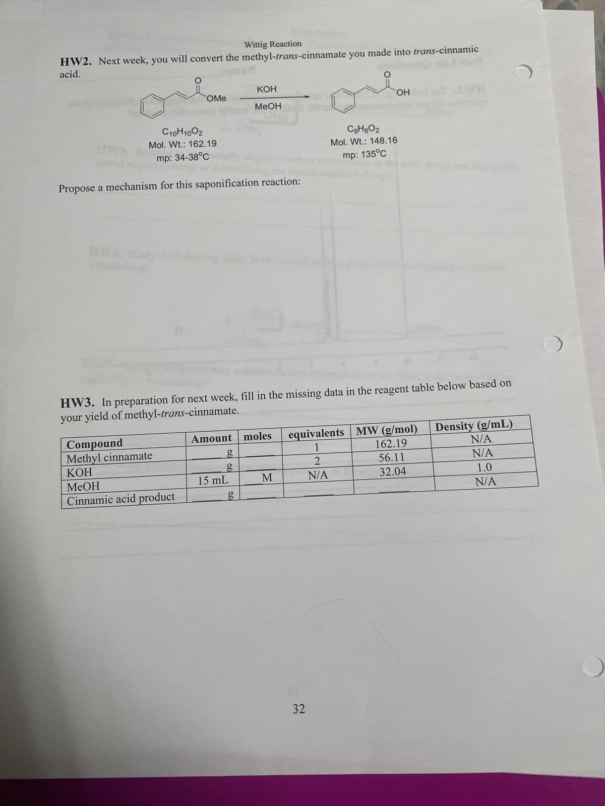 Wittig Reaction
HW2. Next week, you will convert the methyl-trans-cinnamate you made into trans-cinnamic
acid.
O
C10H10O2
Mol. Wt.: 162.19
mp: 34-38°C
HWG. Study
OMe
Propose a mechanism for this saponification reaction:
Compound
Methyl cinnamate
KOH
MeOH
Cinnamic acid product
KOH
MeOH
OH
Amount moles
g
15 mL
g
HW3. In preparation for next week, fill in the missing data in the reagent table below based on
your yield of methyl-trans-cinnamate.
M
O
OH
32
CgH8O2
Mol. Wt.: 148.16
mp: 135°C
WH
group stabilang
equivalents MW (g/mol) Density (g/mL)
1
2
N/A
162.19
56.11
32.04
N/A
N/A
1.0
N/A