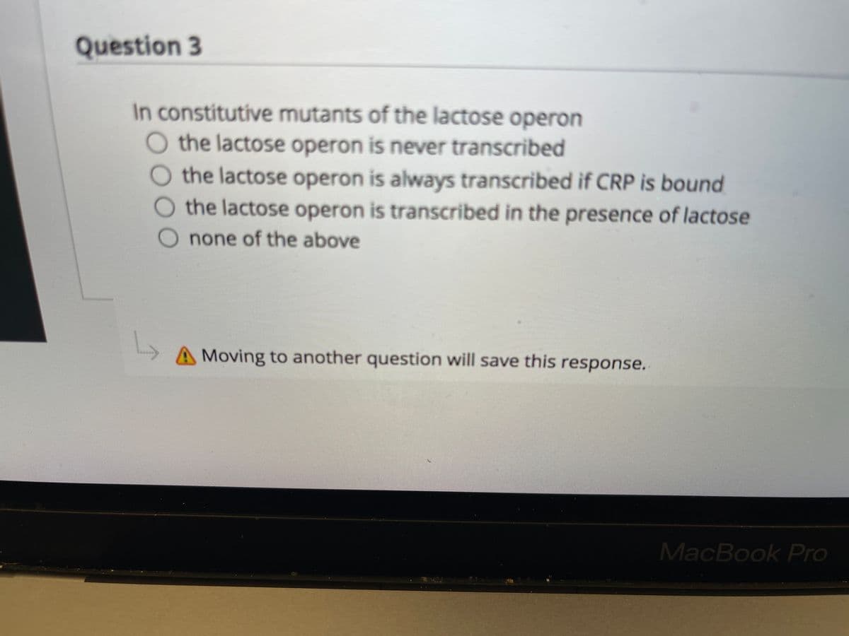 Question 3
In constitutive mutants of the lactose operon
the lactose operon is never transcribed
the lactose operon is always transcribed if CRP is bound
the lactose operon is transcribed in the presence of lactose
none of the above
L,
A Moving to another question will save this response.
MacBook Pro
