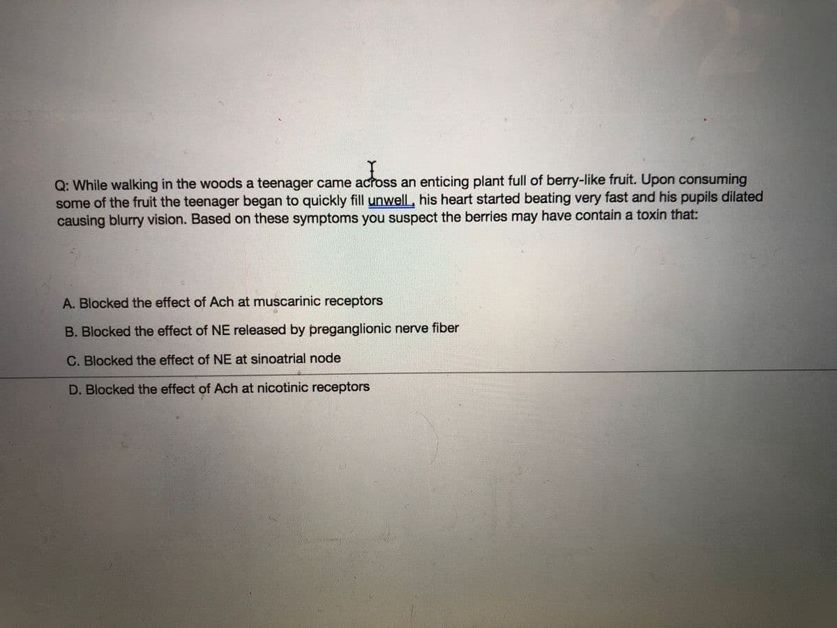 Q: While walking in the woods a teenager came across an enticing plant full of berry-like fruit. Upon consuming
some of the fruit the teenager began to quickly fill unwell, his heart started beating very fast and his pupils dilated
causing blurry vision. Based on these symptoms you suspect the berries may have contain a toxin that:
A. Blocked the effect of Ach at muscarinic receptors
B. Blocked the effect of NE released by preganglionic nerve fiber
C. Blocked the effect of NE at sinoatrial node
D. Blocked the effect of Ach at nicotinic receptors
