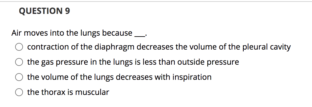 ### Question 9

**Air moves into the lungs because __.**

- ◯ contraction of the diaphragm decreases the volume of the pleural cavity
- ◯ the gas pressure in the lungs is less than outside pressure
- ◯ the volume of the lungs decreases with inspiration
- ◯ the thorax is muscular