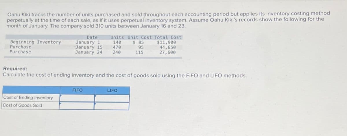 Oahu Kiki tracks the number of units purchased and sold throughout each accounting period but applies its inventory costing method
perpetually at the time of each sale, as if it uses perpetual inventory system. Assume Oahu Kiki's records show the following for the
month of January. The company sold 310 units between January 16 and 23.
Beginning Inventory
Purchase
Purchase
Date
Units Unit Cost Total Cost
January 1 140 $ 85
January 15 470
January 24 240
$11,900
95
44,650
115
27,600
Required:
Calculate the cost of ending inventory and the cost of goods sold using the FIFO and LIFO methods.
Cost of Ending Inventory
Cost of Goods Sold
FIFO
LIFO