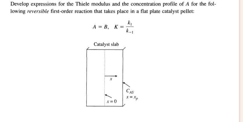 Develop expressions for the Thiele modulus and the concentration profile of A for the fol-
lowing reversible first-order reaction that takes place in a flat plate catalyst pellet:
A = B, K
Catalyst slab
Ĵ
x=0
k₁
k_
CAS
X = Xp