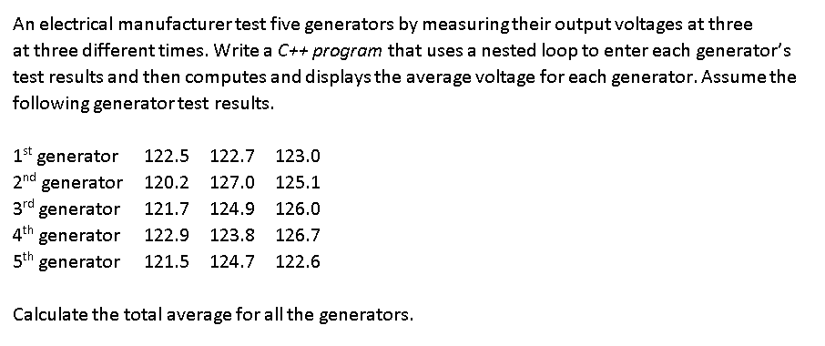 An electrical manufacturertest five generators by measuringtheir output voltages at three
at three different times. Write a C++ program that uses a nested loop to enter each generator's
test results and then computes and displays the average voltage for each generator. Assume the
following generatortest results.
1st generator
2nd generator
122.5 122.7 123.0
120.2
127.0
125.1
3rd generator
4th
121.7
124.9
126.0
generator
122.9
123.8
126.7
5th generator
121.5
124.7 122.6
Calculate the total average for all the generators.
