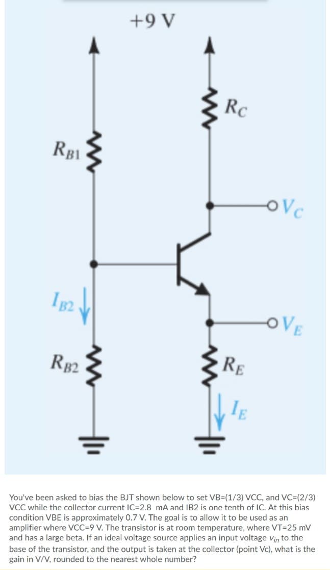 +9 V
Rc
RB1
I82
OVE
RE
Rg2
IE
You've been asked to bias the BJT shown below to set VB=(1/3) VCC, and VC=(2/3)
VCC while the collector current IC=2.8 mA and IB2 is one tenth of IC. At this bias
condition VBE is approximately 0.7 V. The goal is to allow it to be used as an
amplifier where VCC=9 V. The transistor is at room temperature, where VT=25 mV
and has a large beta. If an ideal voltage source applies an input voltage vin to the
base of the transistor, and the output is taken at the collector (point Vc), what is the
gain in V/V, rounded to the nearest whole number?
