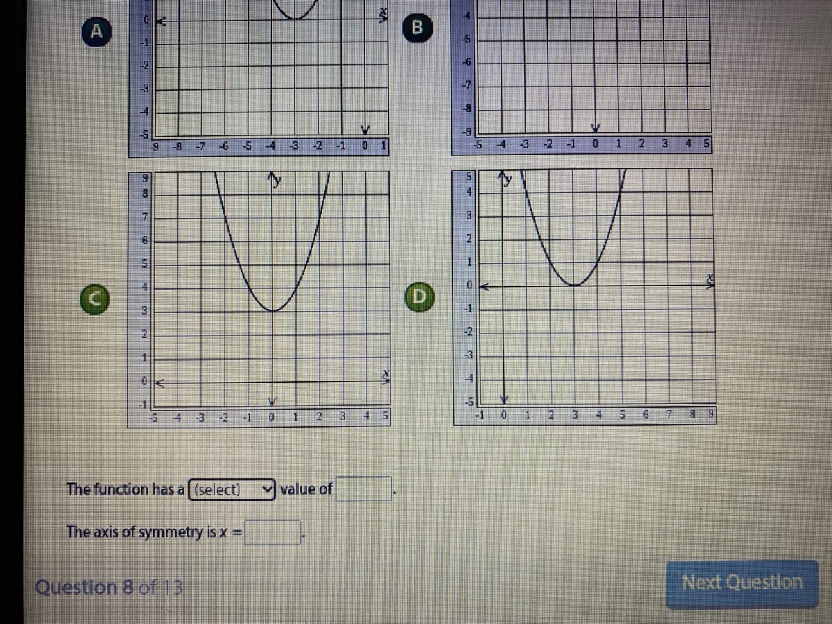 A
B
-1
-2.
6
-3
-7
-9
-5
0 1 2 3 4 5
-9 8
-6
-3
-2
-1
4 3
-2
-1
9
Ty
3
2
1
2
-1
-3
-2
-1
3
4 5
-1
1
2
5.
8 9
The function has a (select)
value of
The axis of symmetry is x =
Question 8 of 13
Next Questlon
