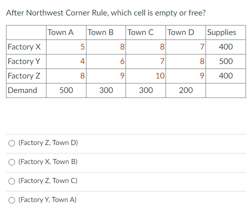 After Northwest Corner Rule, which cell is empty or free?
Town A
Town B Town C Town D
Factory X
5
8
8
Factory Y
4
6
7
Factory Z
8
9
10
Demand
500
(Factory Z, Town D)
(Factory X, Town B)
(Factory Z, Town C)
O (Factory Y, Town A)
300
300
200
7
8
9
Supplies
400
500
400