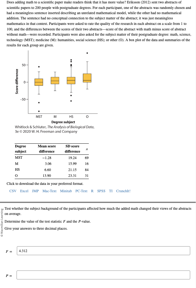 Macmillan Learning
Does adding math to a scientific paper make readers think that it has more value? Eriksson (2012) sent two abstracts of
scientific papers to 200 people with postgraduate degrees. For each participant, one of the abstracts was randomly chosen and
had a meaningless sentence inserted describing an unrelated mathematical model, while the other had no mathematical
addition. The sentence had no conceptual connection to the subject matter of the abstract; it was just meaningless
mathematics in that context. Participants were asked to rate the quality of the research in each abstract on a scale from 1 to
100, and the differences between the scores of their two abstracts-score of the abstract with math minus score of abstract
without math-were recorded. Participants were also asked for the subject matter of their postgraduate degree: math, science,
technology (MST); medicine (M): humanities, social science (HS); or other (O). A box plot of the data and summaries of the
results for each group are given.
Score difference
F =
50-
P =
6
M
HS
0
-50-
M
HS
Degree subject
Whitlock & Schluter, The Analysis of Biological Data,
3e © 2020 W. H. Freeman and Company
Degree
subject
MST
MST
Mean score
difference
-1.28
3.06
6.60
13.90
SD score
difference
Click to download the data in your preferred format.
CSV Excel JMP Mac-Text Minitab PC-Text R SPSS TI CrunchIt!
4.312
11
Test whether the subject background of the participants affected how much the added math changed their views of the abstracts
on average.
19.24
69
15.99 16
21.15
84
23.31 31
Determine the value of the test statistic F and the P-value.
Give your answers to three decimal places.