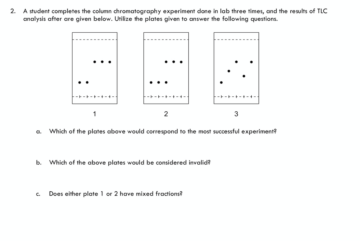 2.
A student completes the column chromatography experiment done in lab three times, and the results of TLC
analysis after are given below. Utilize the plates given to answer the following questions.
a.
b.
C.
· -|-+-+-+-+-
1
-+-+-+-+-+-
2
Which of the above plates would be considered invalid?
-+-+-+ − + − + − -
Which of the plates above would correspond to the most successful experiment?
Does either plate 1 or 2 have mixed fractions?
3