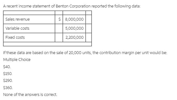 A recent income statement of Benton Corporation reported the following data:
Sales revenue
s 8,000,000
Variable costs
5,000,000
Fixed costs
2,200,000
If these data are based on the sale of 20,000 units, the contribution margin per unit would be:
Multiple Choice
$40.
$150.
$290.
$360.
None of the answers is correct.
