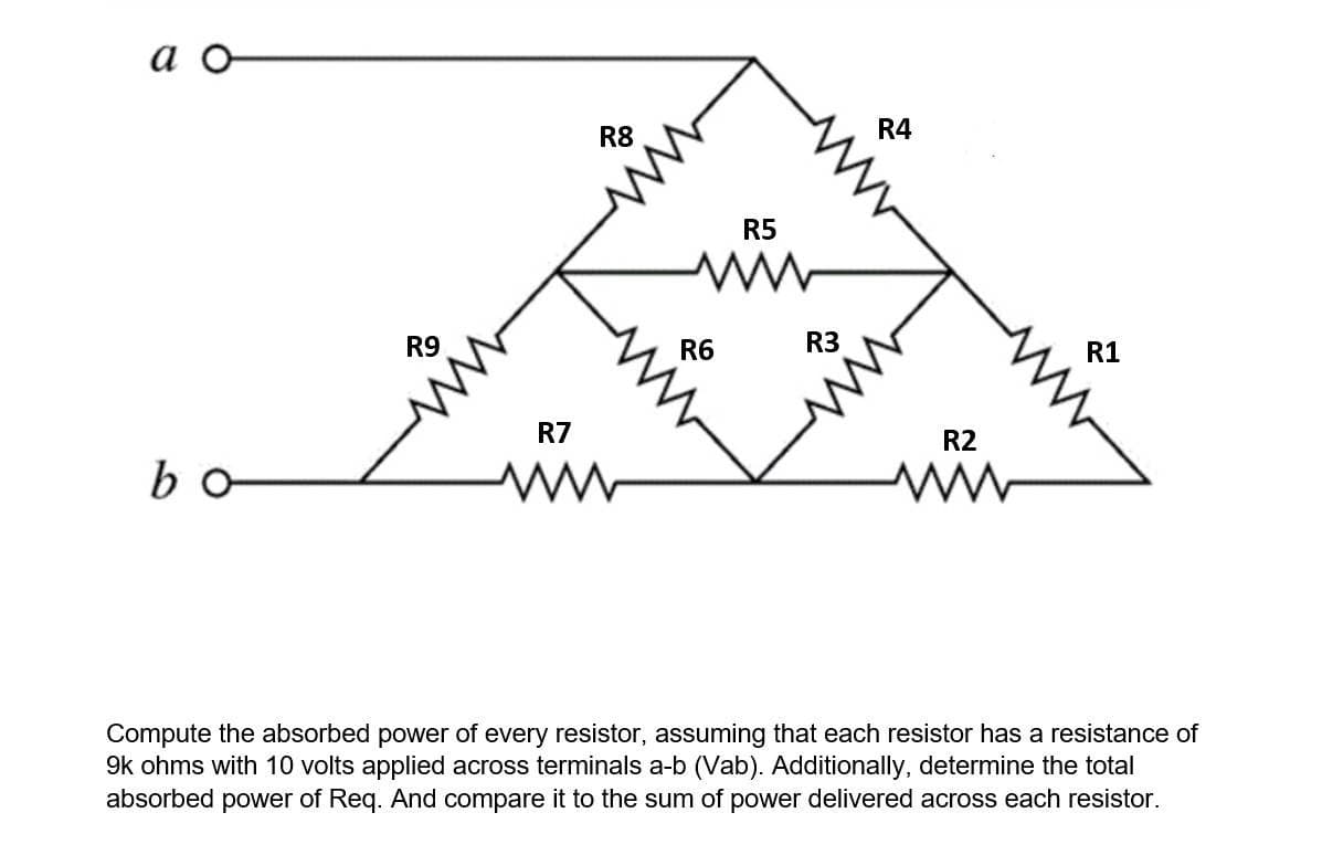 a o
bo
R9
R8
R7
ww
ww
R5
ww
R6
R3
R4
R2
www
R1
Compute the absorbed power of every resistor, assuming that each resistor has a resistance of
9k ohms with 10 volts applied across terminals a-b (Vab). Additionally, determine the total
absorbed power of Req. And compare it to the sum of power delivered across each resistor.