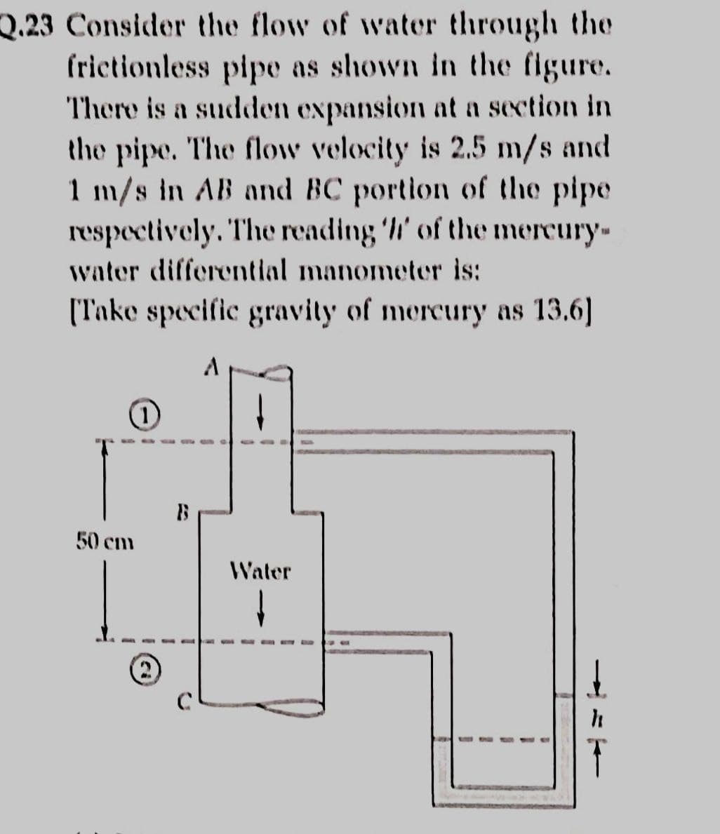 Q.23 Consider the flow of water through the
frictionless pipe as shown in the figure.
There is a sudden expansion at a section in
the pipe. The flow velocity is 2.5 m/s and
1 m/s in AB and BC portion of the pipe
respectively. The reading '' of the mercury-
water differential manometer is:
[Take specific gravity of mercury as 13.6]
A
O
50 cm
Q
B
↓
Water
}