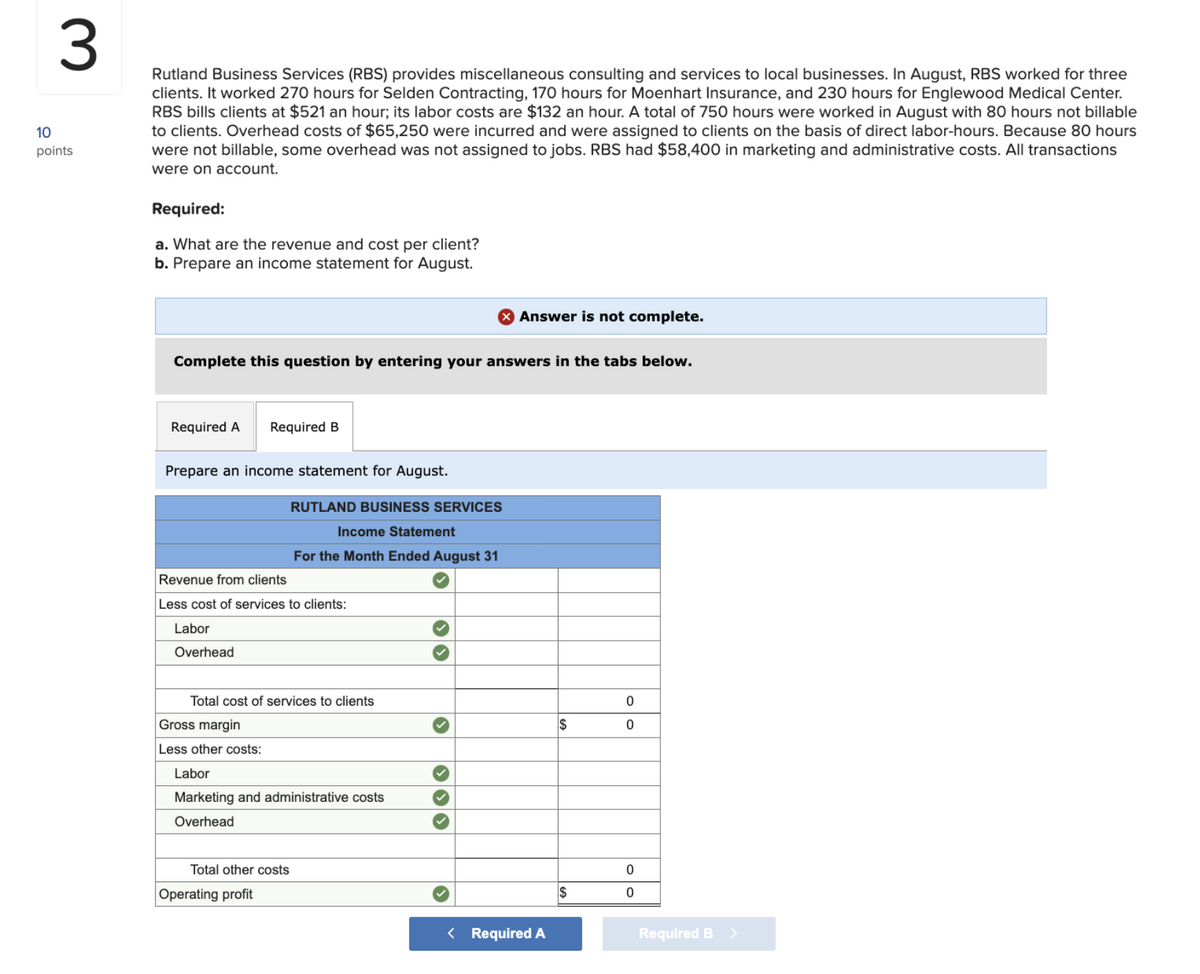 3
10
points
Rutland Business Services (RBS) provides miscellaneous consulting and services to local businesses. In August, RBS worked for three
clients. It worked 270 hours for Selden Contracting, 170 hours for Moenhart Insurance, and 230 hours for Englewood Medical Center.
RBS bills clients at $521 an hour; its labor costs are $132 an hour. A total of 750 hours were worked in August with 80 hours not billable
to clients. Overhead costs of $65,250 were incurred and were assigned to clients on the basis of direct labor-hours. Because 80 hours
were not billable, some overhead was not assigned to jobs. RBS had $58,400 in marketing and administrative costs. All transactions
were on account.
Required:
a. What are the revenue and cost per client?
b. Prepare an income statement for August.
☒Answer is not complete.
Complete this question by entering your answers in the tabs below.
Required A
Required B
Prepare an income statement for August.
RUTLAND BUSINESS SERVICES
Income Statement
For the Month Ended August 31
Revenue from clients
Less cost of services to clients:
Labor
Overhead
Total cost of services to clients
Gross margin
Less other costs:
Labor
Marketing and administrative costs
Overhead
Total other costs
Operating profit
0
$
0
0
$
0
< Required A
Required B
>