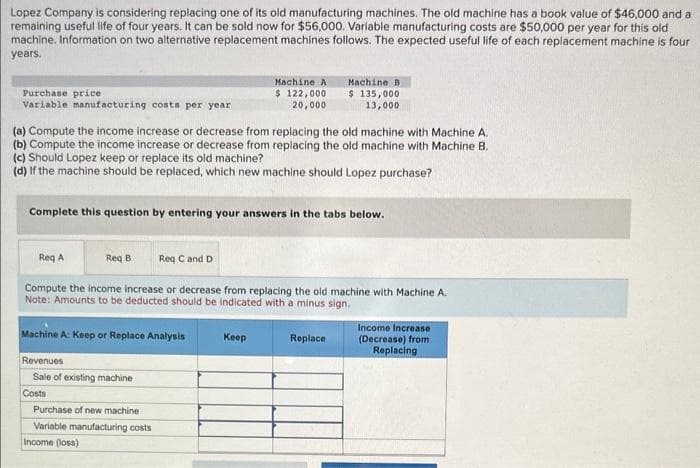 Lopez Company is considering replacing one of its old manufacturing machines. The old machine has a book value of $46,000 and a
remaining useful life of four years. It can be sold now for $56,000. Variable manufacturing costs are $50,000 per year for this old
machine. Information on two alternative replacement machines follows. The expected useful life of each replacement machine is four
years.
Purchase price
Variable manufacturing costs per year
(a) Compute the income increase or decrease from replacing the old machine with Machine A.
(b) Compute the income increase or decrease from replacing the old machine with Machine B.
(c) Should Lopez keep or replace its old machine?
(d) If the machine should be replaced, which new machine should Lopez purchase?
Req B
Complete this question by entering your answers in the tabs below.
Req A
Compute the income increase or decrease from replacing the old machine with Machine A.
Note: Amounts to be deducted should be indicated with a minus sign.
Req C and D
Machine A: Keep or Replace Analysis
Revenues
Sale of existing machine
Costs
Machine A
$ 122,000
20,000
Purchase of new machine
Variable manufacturing costs
Income (loss)
Machine B
$ 135,000
13,000
Keep
Replace
Income Increase
(Decrease) from
Replacing
