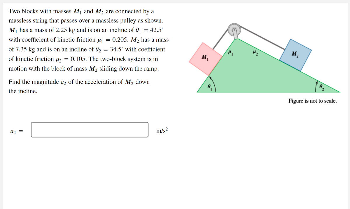 Two blocks with masses M1 and M2 are connected by a
massless string that passes over a massless pulley as shown.
= 42.5°
M1 has a mass of 2.25 kg and is on an incline of 01
:0.205. M2 has a mass
with coefficient of kinetic friction u
= 34.5° with coefficient
H2
M2
of 7.35 kg and is on an incline of 02
M1
of kinetic friction µ2 = 0.105. The two-block system is in
motion with the block of mass M2 sliding down the ramp.
Find the magnitude az of the acceleration of M2 down
the incline.
Figure is not to scale.
m/s?
