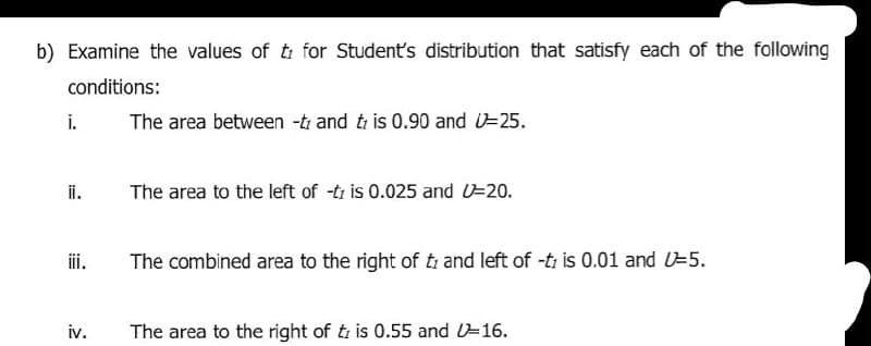 b) Examine the values of ti for Student's distribution that satisfy each of the following
conditions:
i.
The area between -ti and ti is 0.90 and U=25.
The area to the left of -ti is 0.025 and V=20.
ii.
iii.
The combined area to the right of t and left of -ti is 0.01 and =5.
iv.
The area to the right of t is 0.55 and -16.
