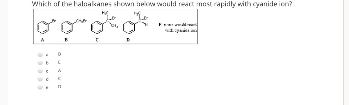 Which of the haloalkanes shown below would react most rapidly with cyanide ion?
E. none would react
with cyanide ion
B
E
A
e
