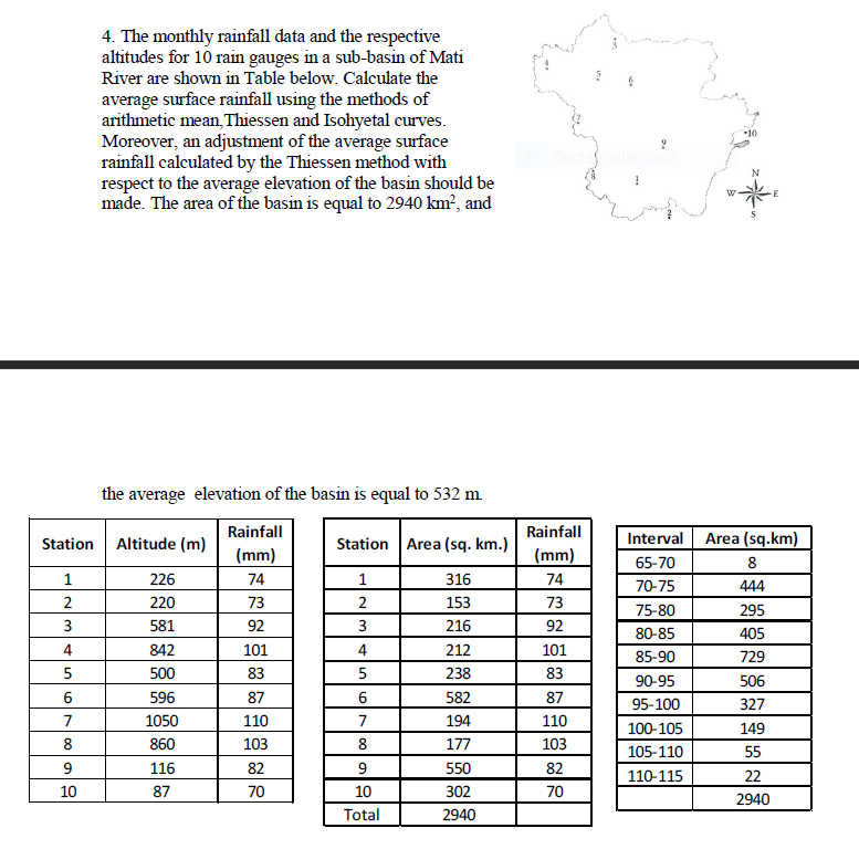 4. The monthly rainfall data and the respective
altitudes for 10 rain gauges in a sub-basin of Mati
River are shown in Table below. Calculate the
average surface rainfall using the methods of
arithmetic mean, Thiessen and Isohyetal curves.
Moreover, an adjustment of the average surface
rainfall calculated by the Thiessen method with
respect to the average elevation of the basin should be
made. The area of the basin is equal to 2940 km², and
N
the average elevation of the basin is equal to 532 m.
Rainfall
Rainfall
Altitude (m)
Station Area (sq. km.)
Interval Area (sq.km)
Station
(mm)
(mm)
65-70
8
1
226
74
1
316
74
70-75
444
2
220
73
2
153
73
75-80
295
581
92
3
216
92
80-85
405
4
842
101
4
212
101
85-90
729
5
500
83
5
238
83
90-95
506
596
87
582
87
95-100
327
7
1050
110
7
194
110
100-105
149
8
860
103
8
177
103
105-110
55
9
116
82
9
550
82
110-115
22
10
87
70
10
302
70
2940
Total
2940
