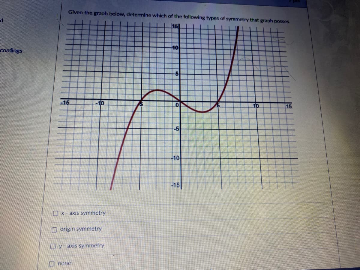 Given the graph below, determine which of the following types of symmetry that graph posses.
P
151
cordings
40
-15
-10
10
15
-5
10
-15|
Ox-axis symmetry
O origin symmetry
Oy-axis symmetry
O none
