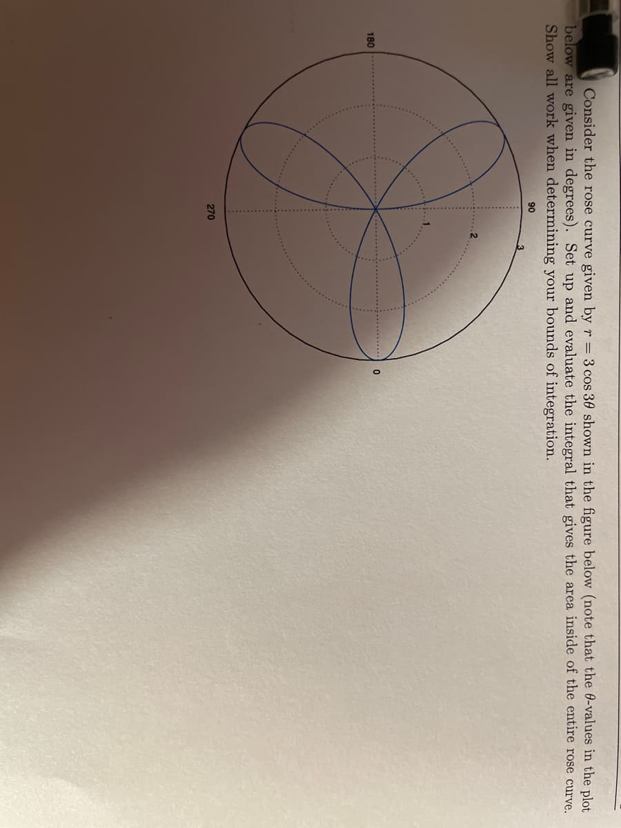 Consider the rose curve given by r = 3 cos 30 shown in the figure below (note that the 0-values in the plot
below are given in degrees). Set up and evaluate the integral that gives the area inside of the entire rose curve.
Show all work when determining your bounds of integration.
90
180
270
