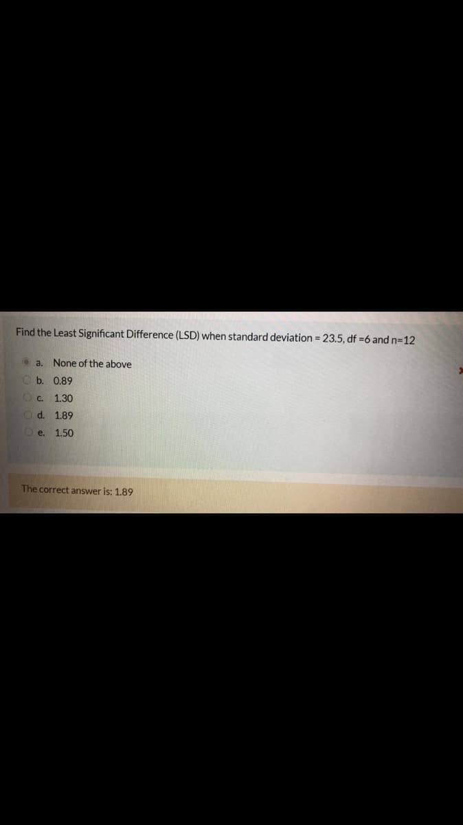 Find the Least Significant Difference (LSD) when standard deviation = 23.5, df =6 and n=12
O a. None of the above
O b. 0,89
O c.
1.30
d. 1.89
O e. 1.50
The correct answer is: 1.89
