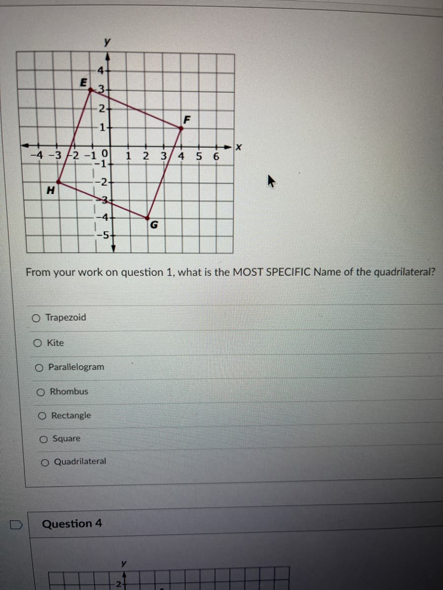 y
4-
3-
2-
1-
-4 -3 2 -10
-1.
4 5 6
123
-2-
H.
-4-
G.
From your work on question 1, what is the MOST SPECIFIC Name of the quadrilateral?
O Trapezoid
O Kite
O Parallelogram
O Rhombus
O Rectangle
Square
O Quadrilateral
Question 4
