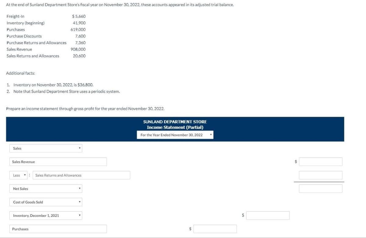 At the end of Sunland Department Store's fiscal year on November 30, 2022, these accounts appeared in its adjusted trial balance.
Freight-In
$5,660
41,900
Inventory (beginning)
Purchases
619,000
Purchase Discounts
7,600
Purchase Returns and Allowances 7,360
908.000
20,600
Sales Revenue
Sales Returns and Allowances
Additional facts:
1. Inventory on November 30, 2022, is $36,800.
2. Note that Sunland Department Store uses a periodic system.
Prepare an income statement through gross profit for the year ended November 30, 2022.
Sales
Sales Revenue
Less: Sales Returns and Allowances
Net Sales
Cost of Goods Sold
Inventory, December 1, 2021
Purchases
SUNLAND DEPARTMENT STORE
Income Statement (Partial)
For the Year Ended November 30, 2022
$
$