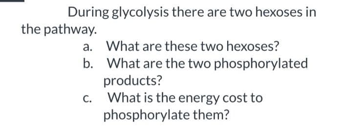 During glycolysis there are two hexoses in
the pathway.
a. What are these two hexoses?
b. What are the two phosphorylated
products?
What is the energy cost to
phosphorylate them?
C.
