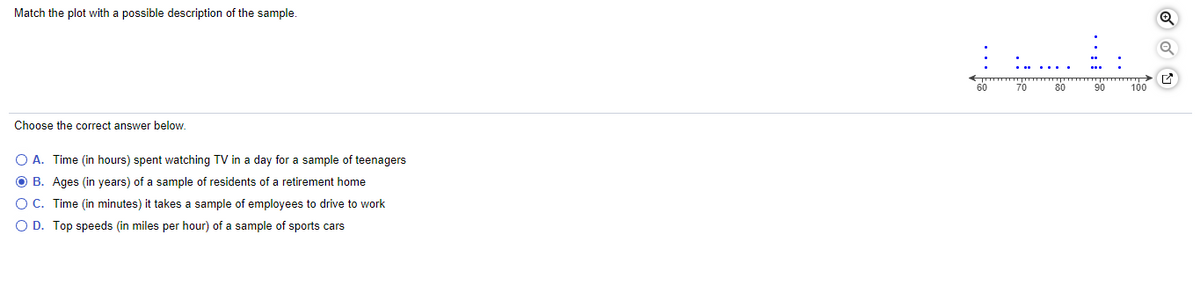 Match the plot with a possible description of the sample.
70
80
90
100
Choose the correct answer below.
O A. Time (in hours) spent watching TV in a day for a sample of teenagers
O B. Ages (in years) of a sample of residents of a retirement home
OC. Time (in minutes) it takes a sample of employees to drive to work
O D. Top speeds (in miles per hour) of a sample of sports cars
•• ::
