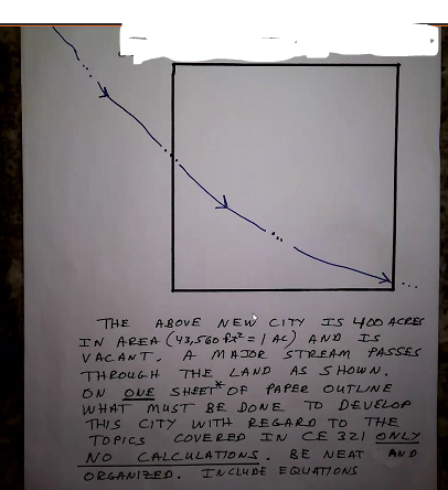 THE
ABOVE NEW CITY
IS 400 ACRES
IN AREA (43,560 f = / AC) AND IS
V ÁCANT A MAJOR
STREAM
PASSES
THE LAND AS SHOW N.
SHEET* OF PAPEE ouTLINE
TO DEVELOP
THIS CITY WITH REGARO TO THE
IN CE 321 ONLY
THROUGH
ON OUE
WHAT MUST BE DONE
TOPICS
COVE RE
NO
CALCULA TIONS. BE NEAT
AN D
ORGANIZED. INCLUDE EQUATIONS
